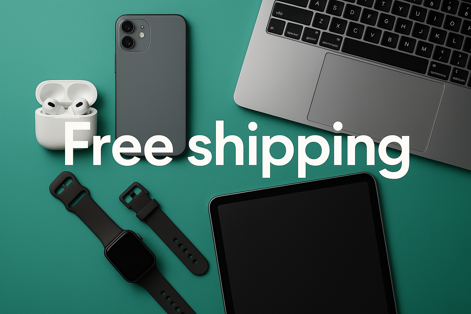 alguns produtos eletronicos com fundo na cor 2E9E7B e escrito Free shipping